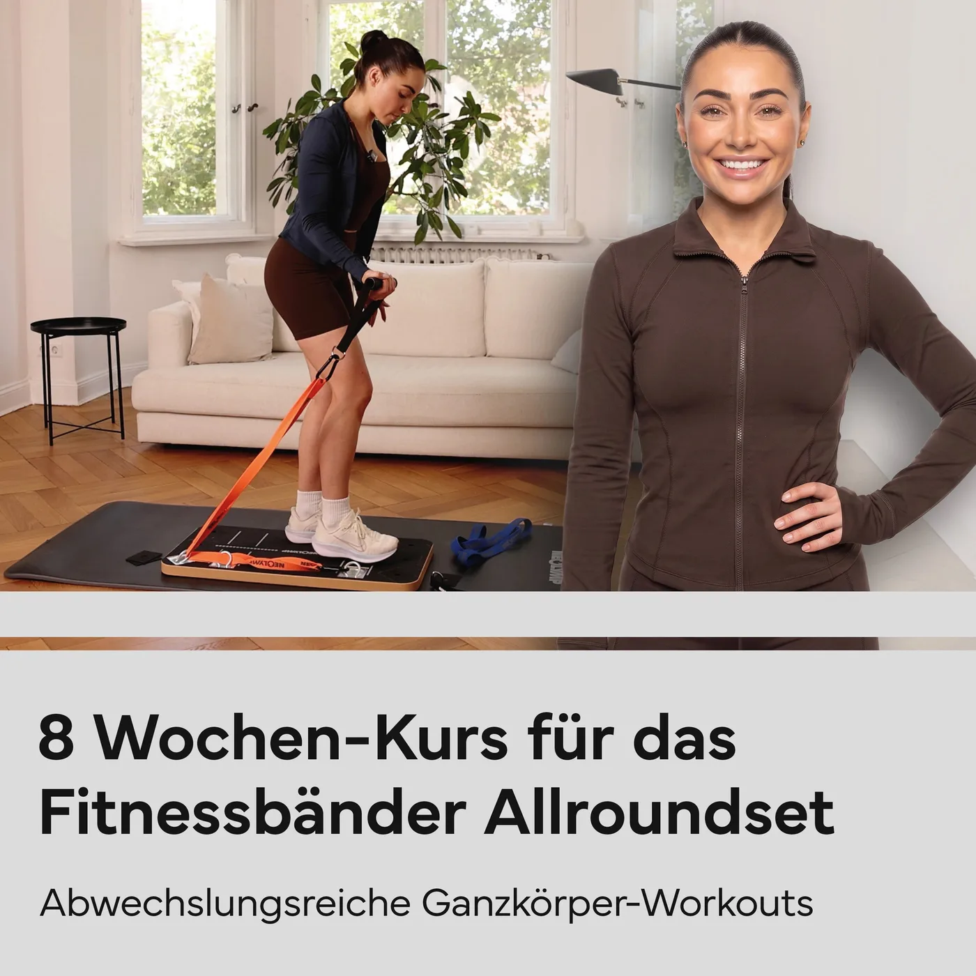 Der 8-Wochen-Kurs zum Allround-Set: die Trainerin zeigt eine Übung im Wohnzimmer