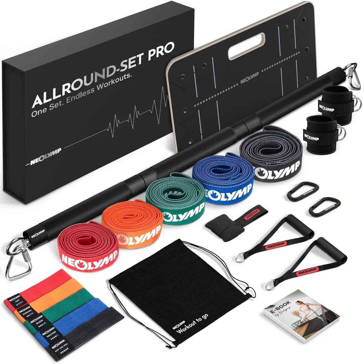 Das NEOLYMP Allround-Set mit Box, Stange, Bändern, Griffen und Tragetasche